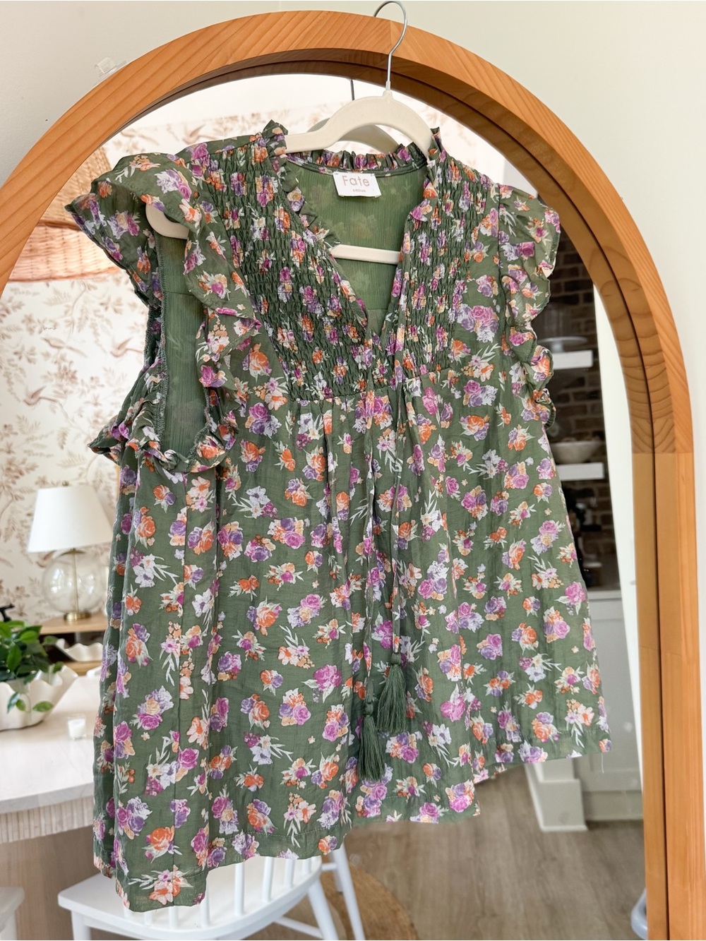 Fate Olive Floral Tassel Babydoll Top with Pink & Orange Blooms
